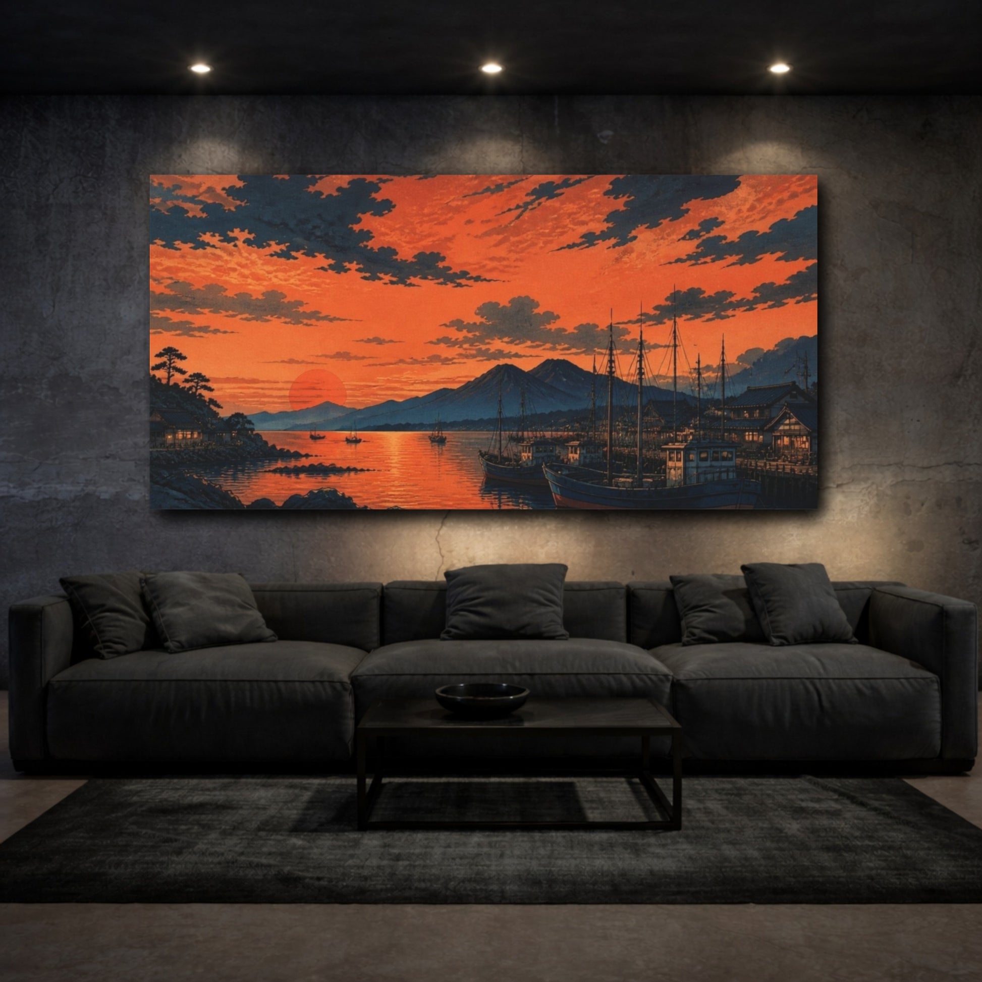 Mockup 3. Harbor At Copper Sunset shown as canvas print