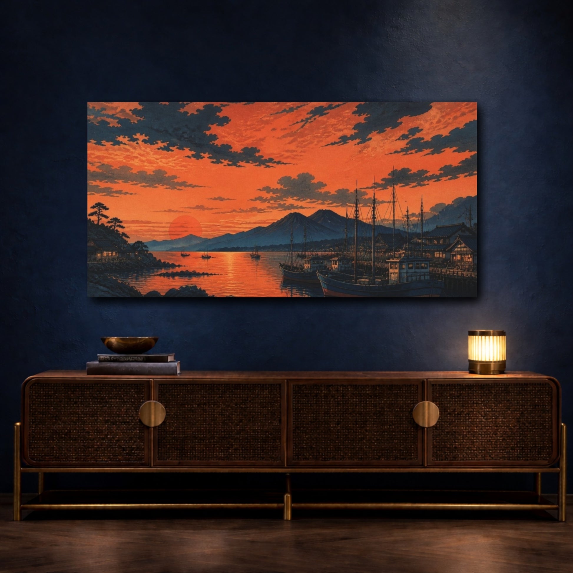 Mockup 4. Harbor At Copper Sunset shown as canvas print