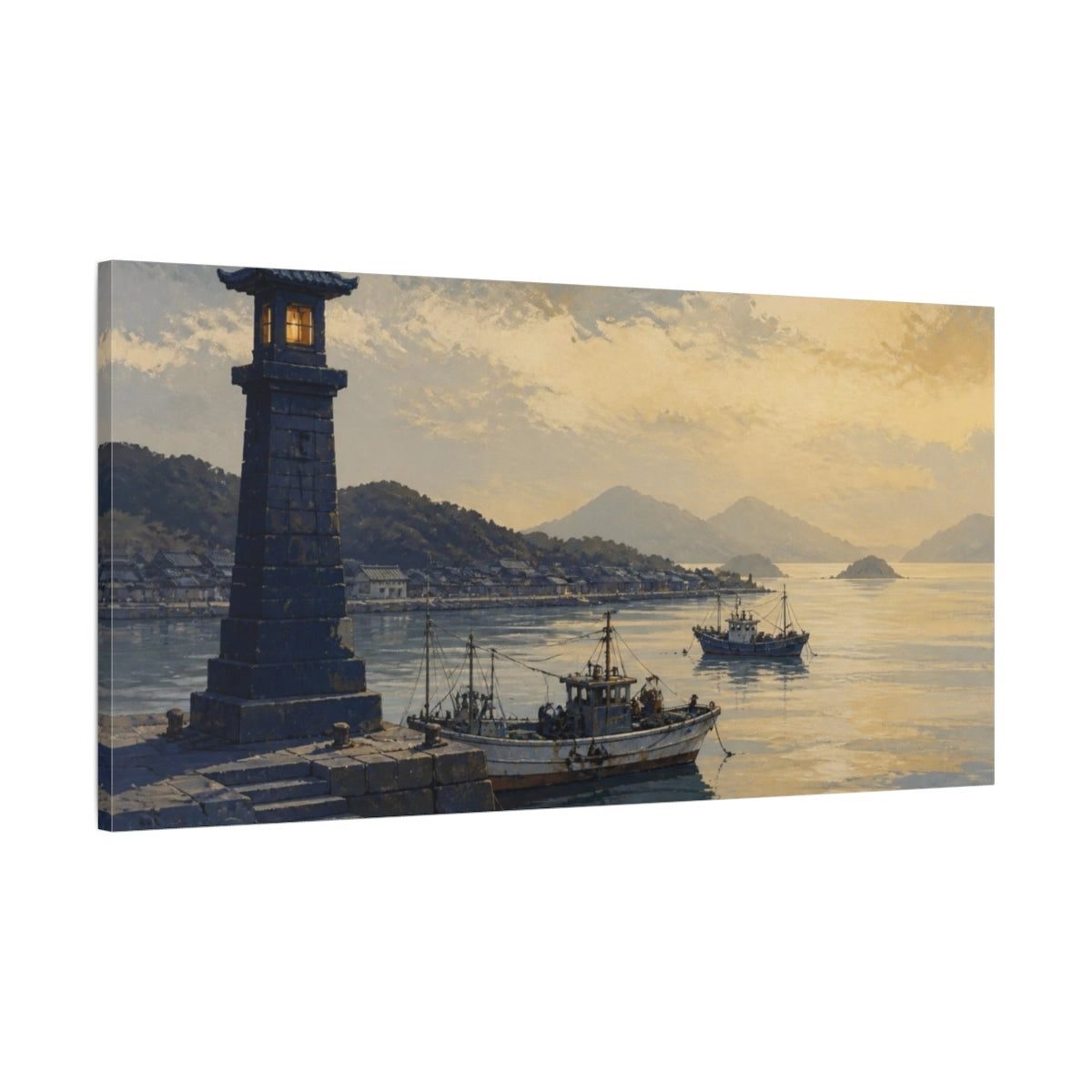 Main Mockup. Harbor At Dusk shown as canvas print