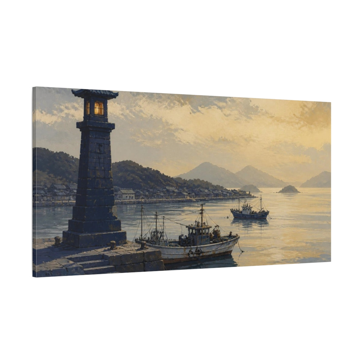 Side Mockup 2. Harbor At Dusk shown as canvas print