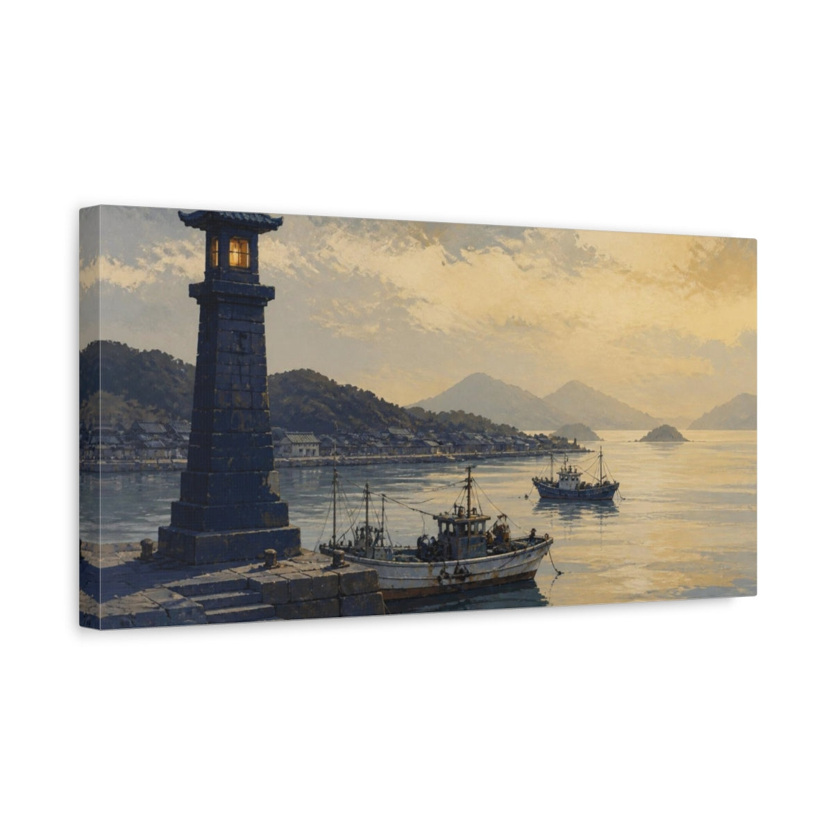 Side Mockup 3. Harbor At Dusk shown as canvas print