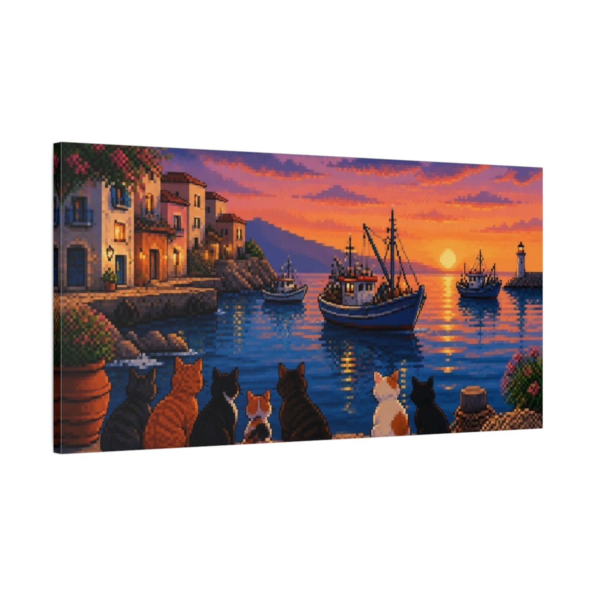 Main Mockup. Harbor Cats At Sunset shown as canvas print