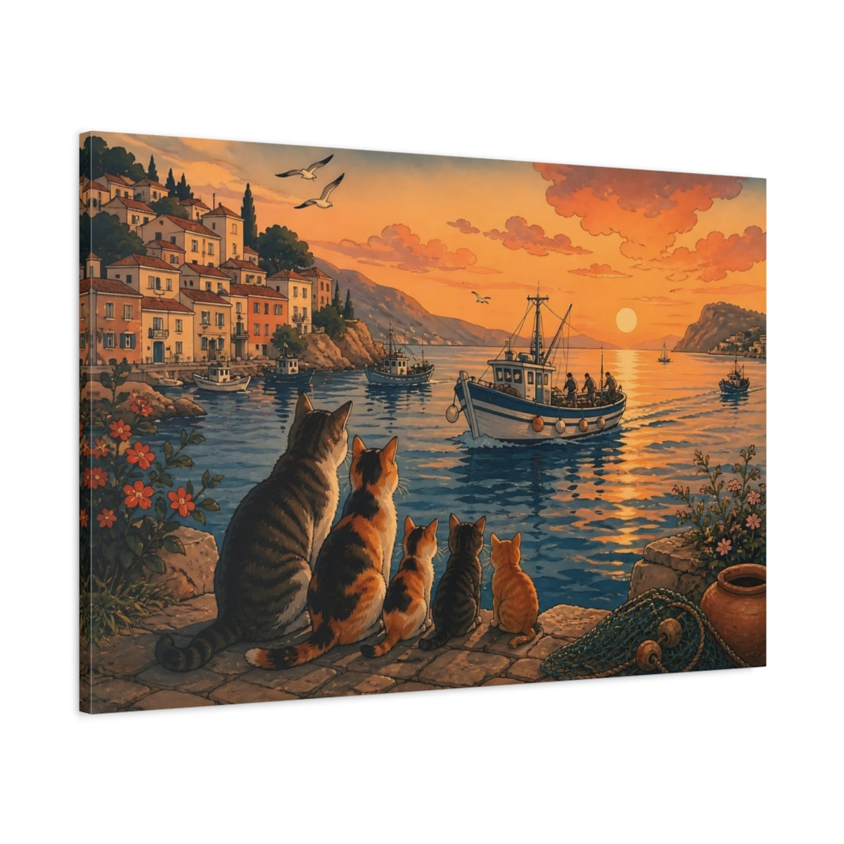 Main Mockup. Harbor Cats At Sunset shown as canvas print