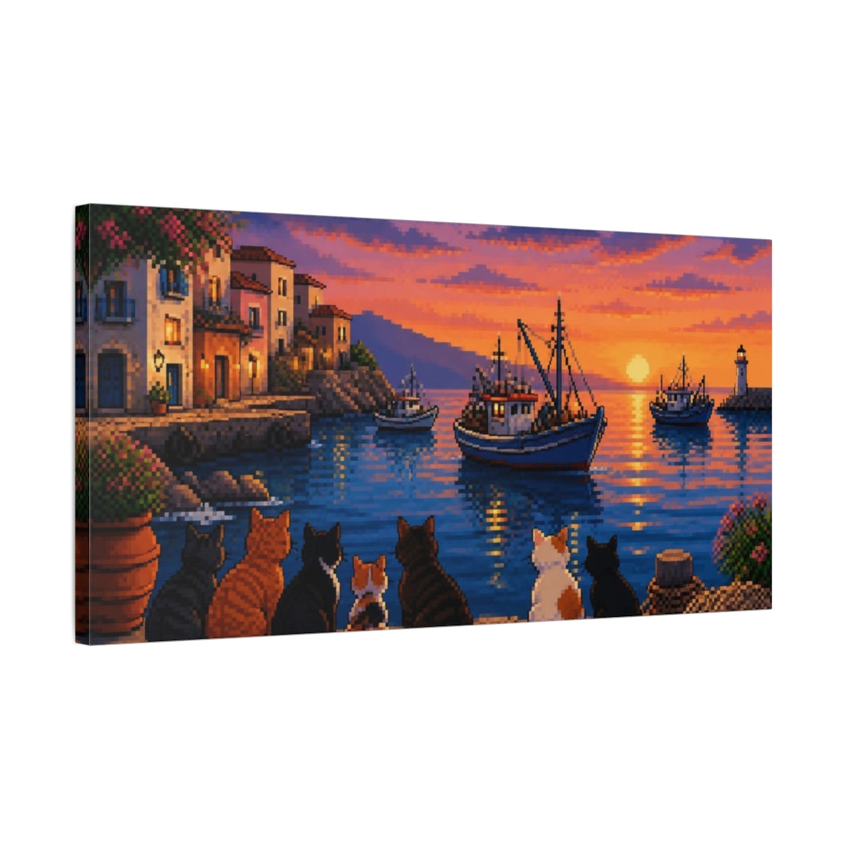 Side Mockup 1. Harbor Cats At Sunset shown as canvas print