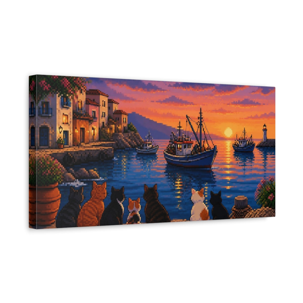 Side Mockup 3. Harbor Cats At Sunset shown as canvas print