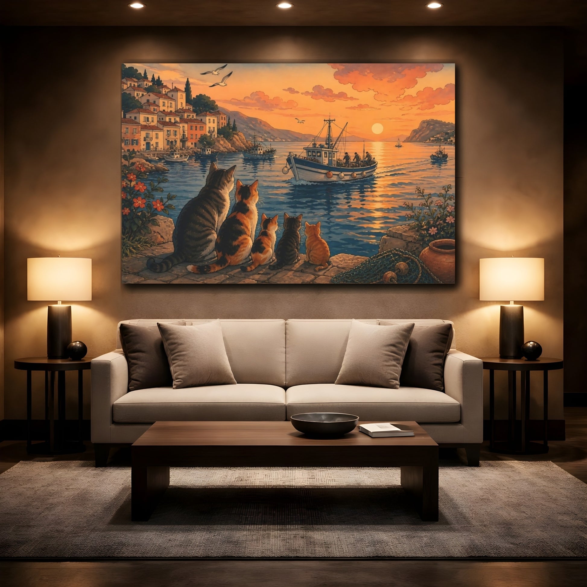 Mockup 2. Harbor Cats At Sunset shown as canvas print