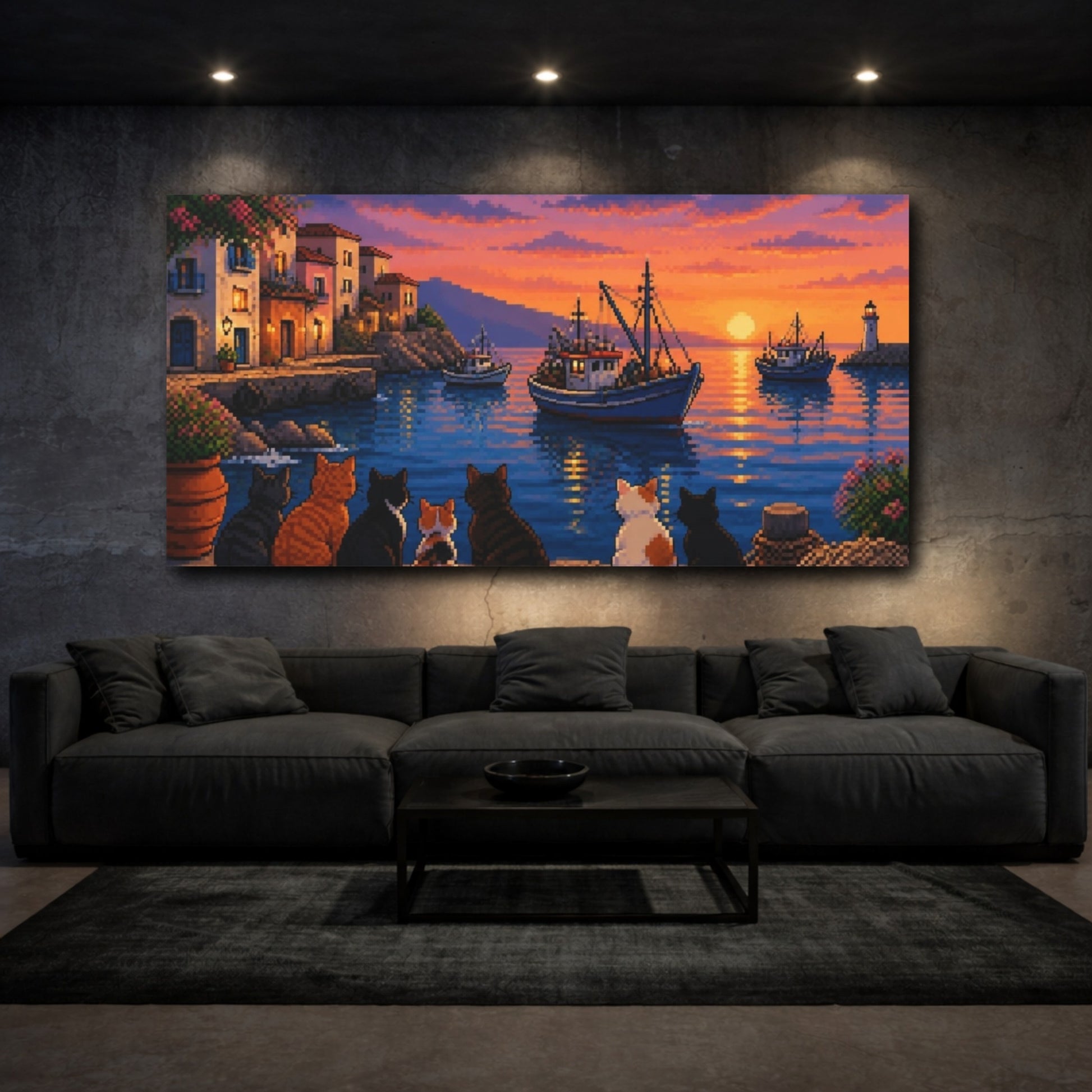 Mockup 3. Harbor Cats At Sunset shown as canvas print