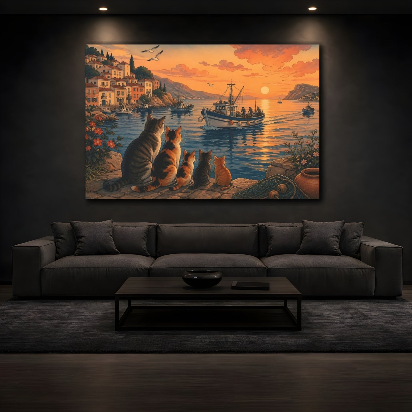 Mockup 3. Harbor Cats At Sunset shown as canvas print
