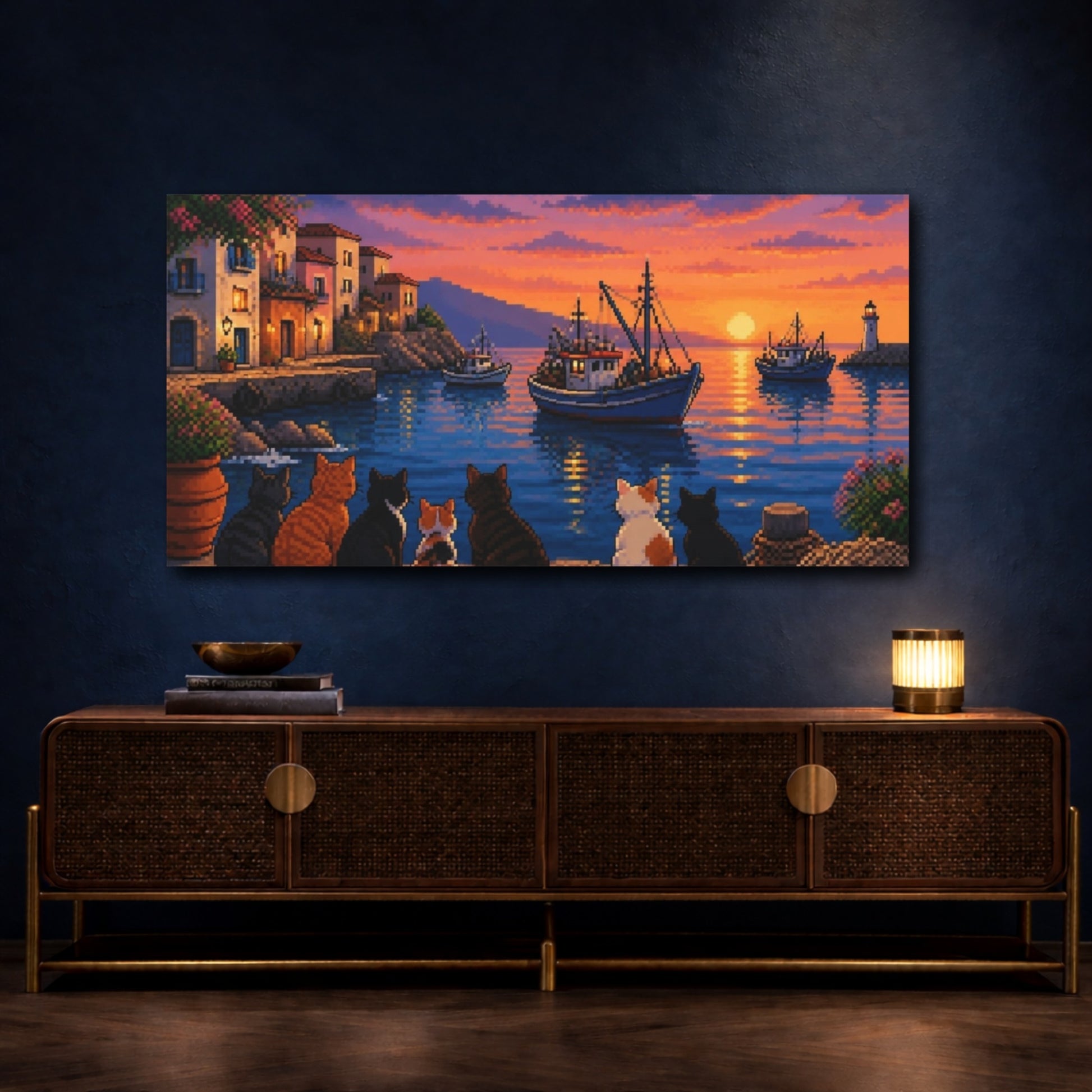 Mockup 4. Harbor Cats At Sunset shown as canvas print