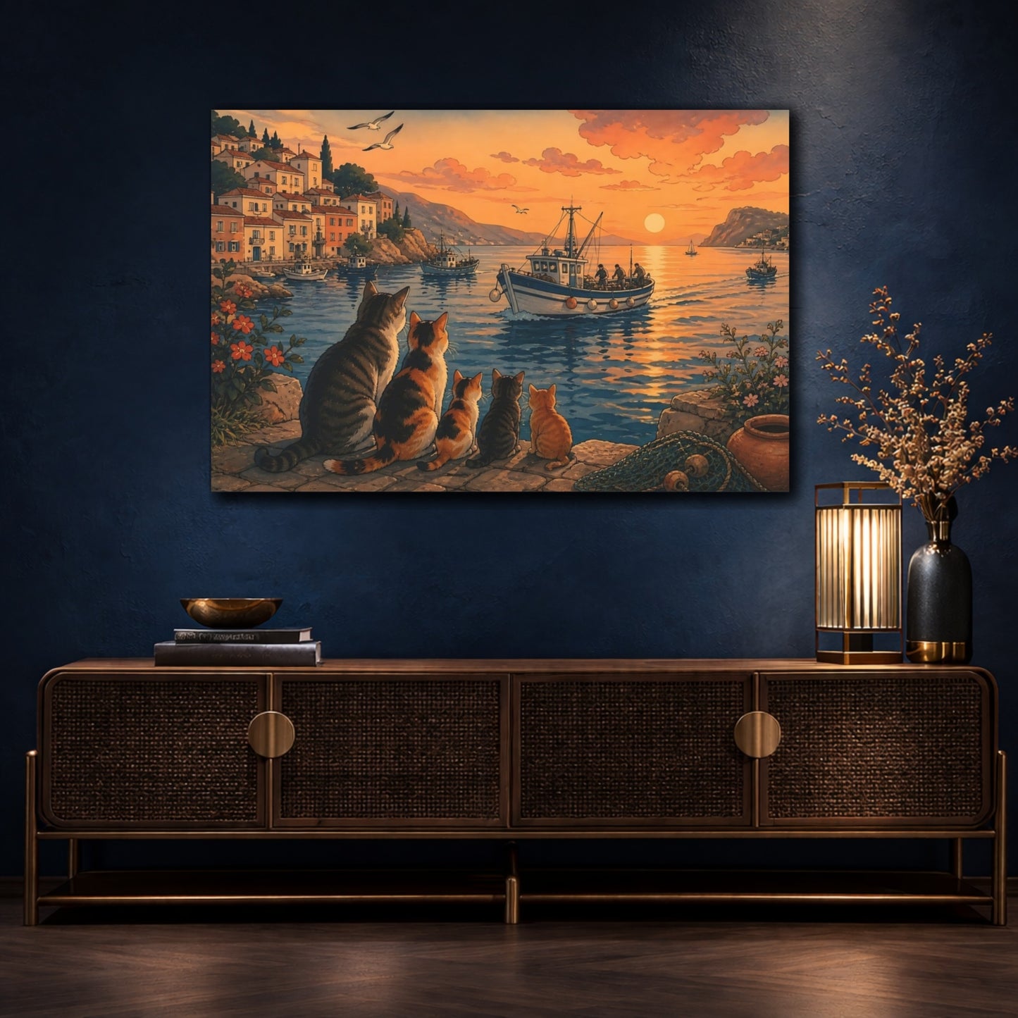 Mockup 4. Harbor Cats At Sunset shown as canvas print