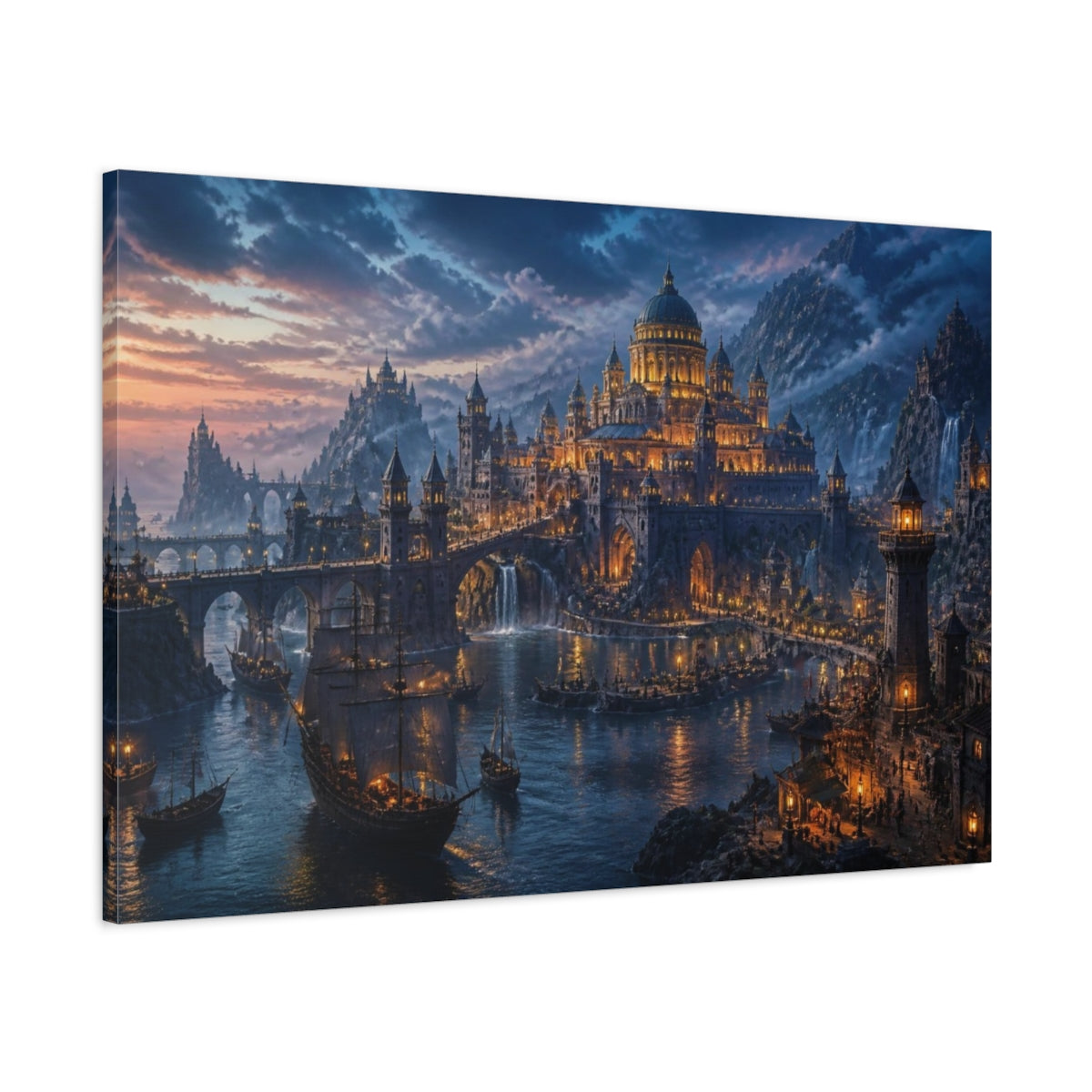 Main Mockup. Harbor Landscape At Dusk shown as canvas print