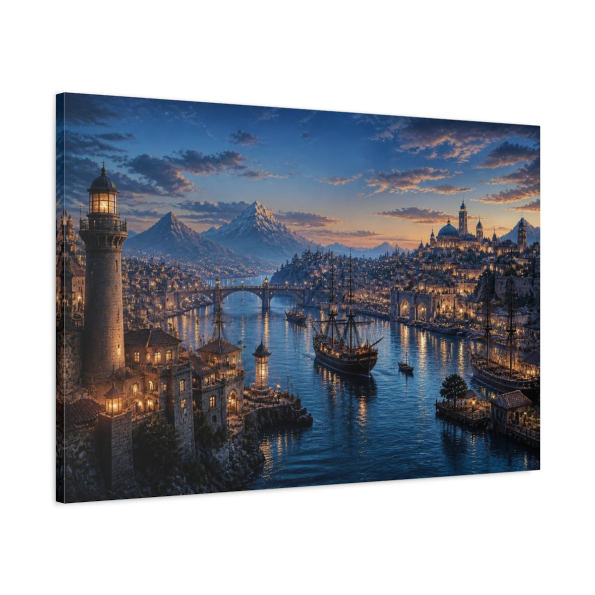 Main Mockup. Harbor Landscape At Dusk shown as canvas print