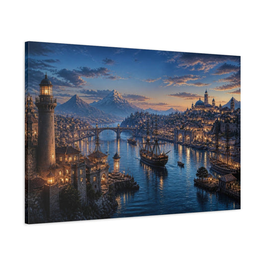 Main Mockup. Harbor Landscape At Dusk shown as canvas print