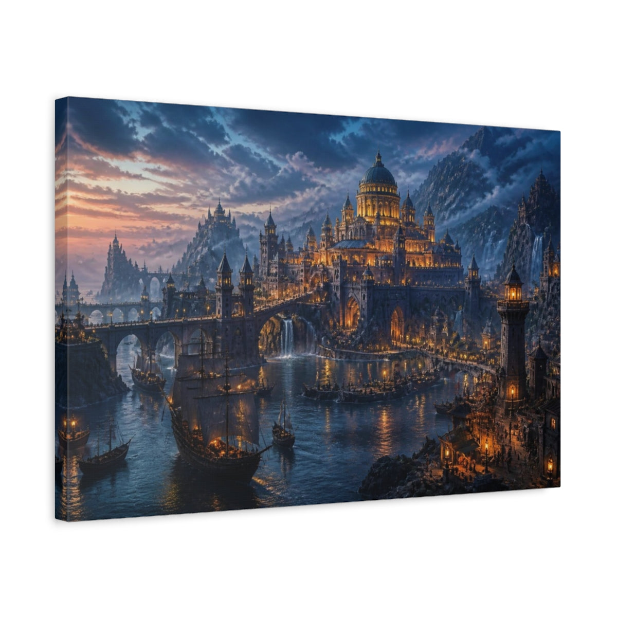 Side Mockup 3. Harbor Landscape At Dusk shown as canvas print