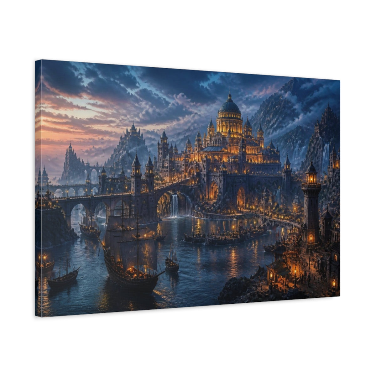 Side Mockup 2. Harbor Landscape At Dusk shown as canvas print