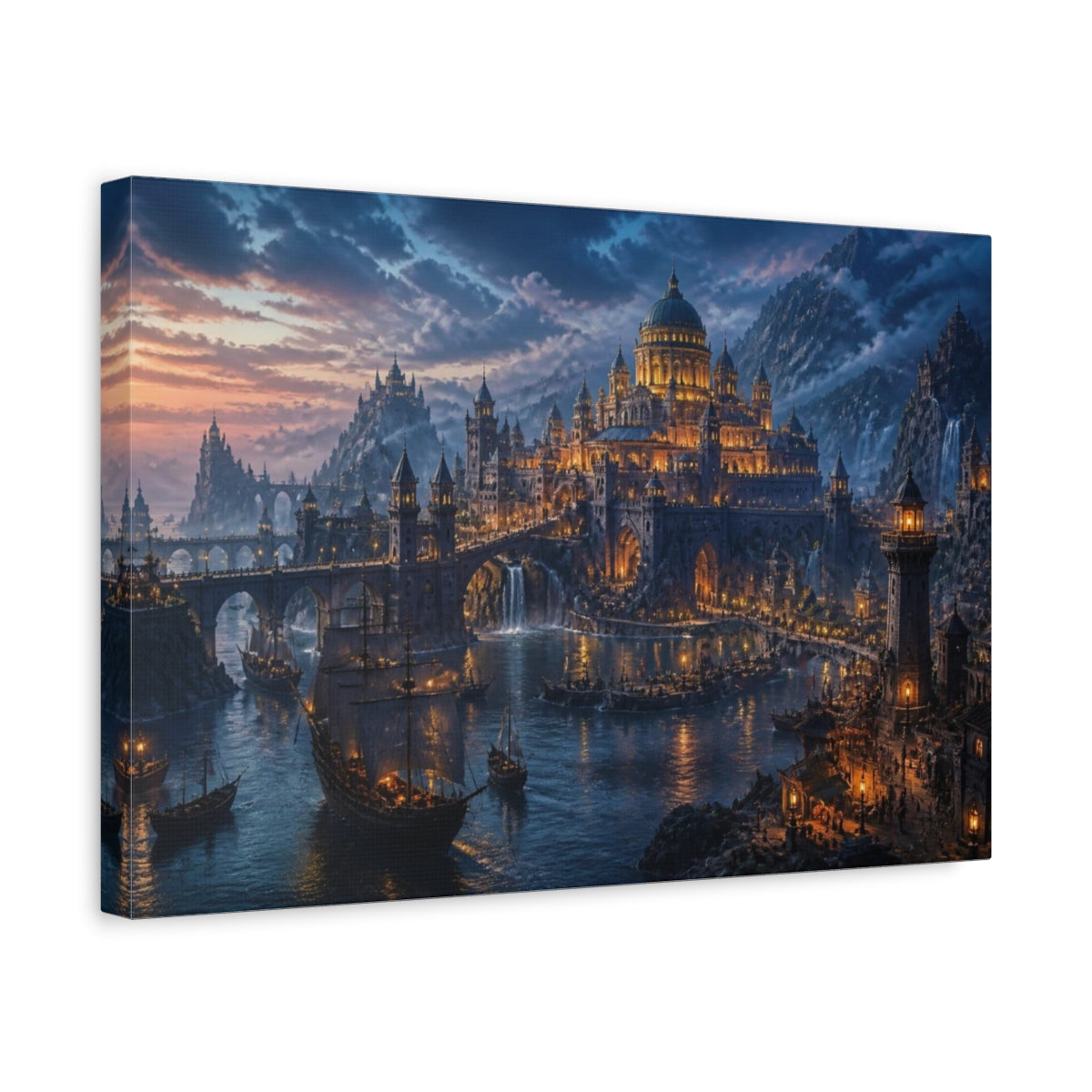 Side Mockup 4. Harbor Landscape At Dusk shown as canvas print