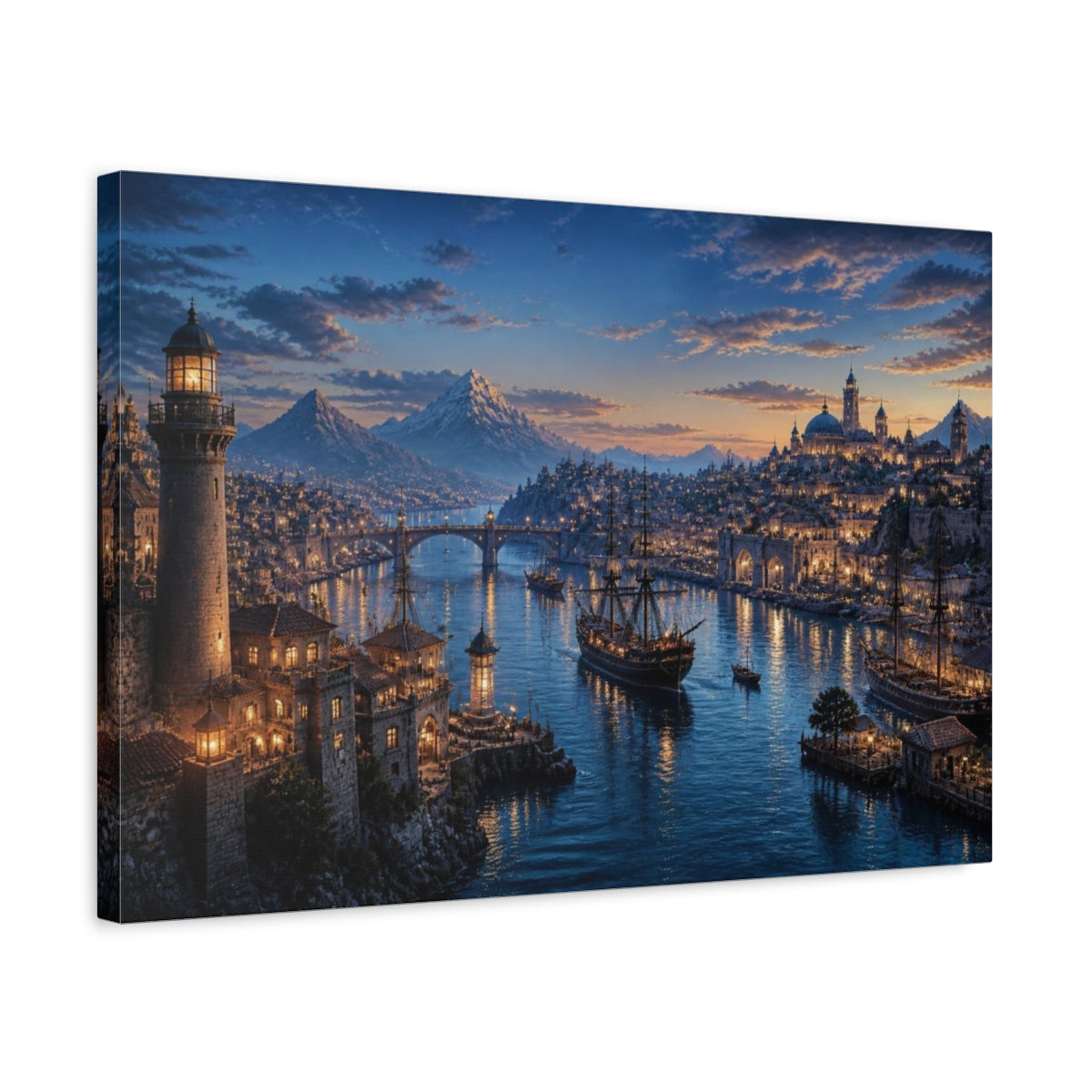 Side Mockup 3. Harbor Landscape At Dusk shown as canvas print