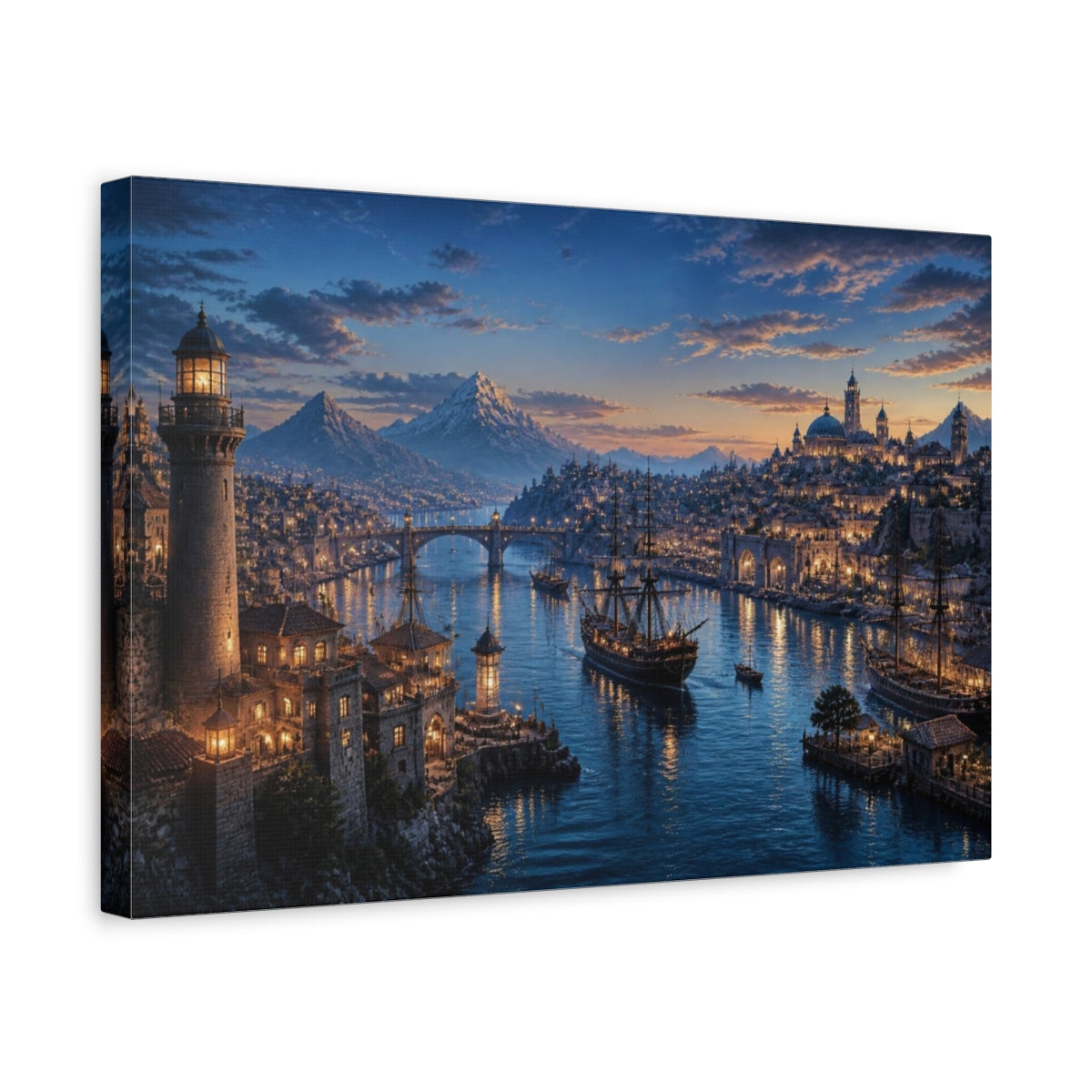 Side Mockup 4. Harbor Landscape At Dusk shown as canvas print