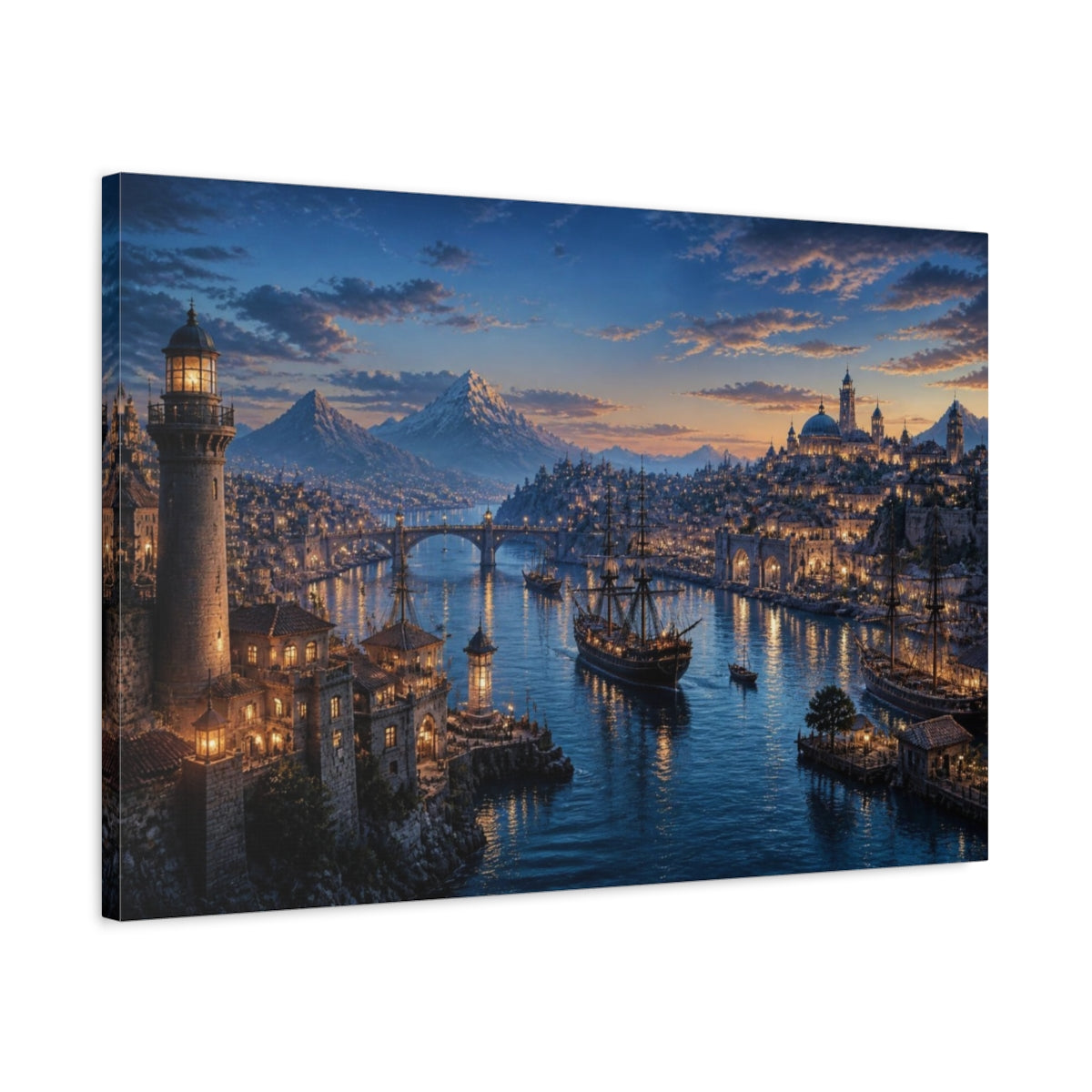 Side Mockup 2. Harbor Landscape At Dusk shown as canvas print
