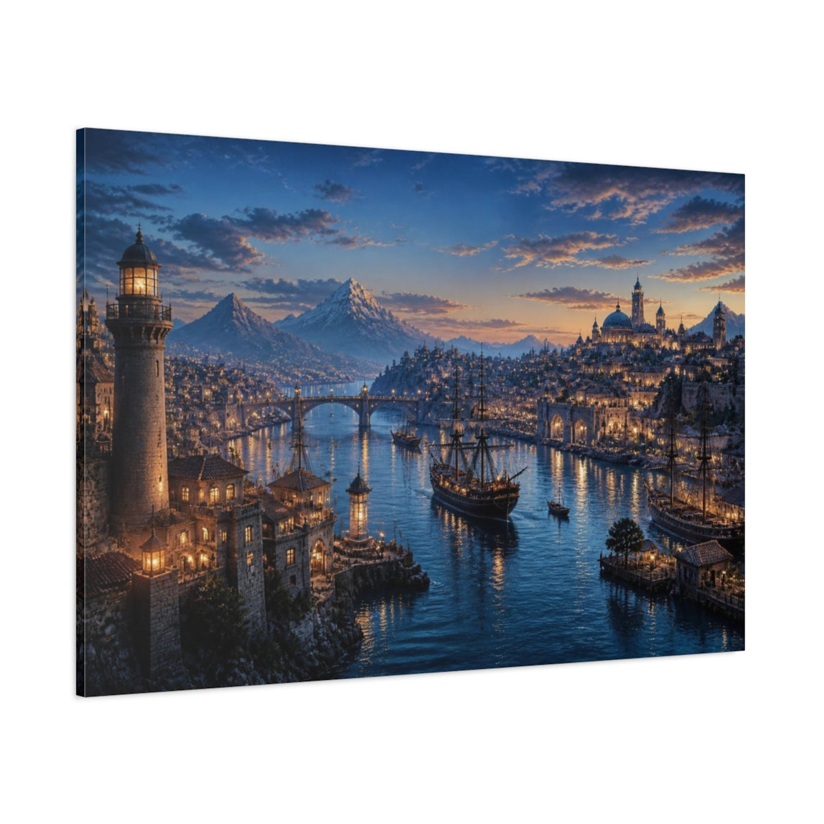 Side Mockup 1. Harbor Landscape At Dusk shown as canvas print