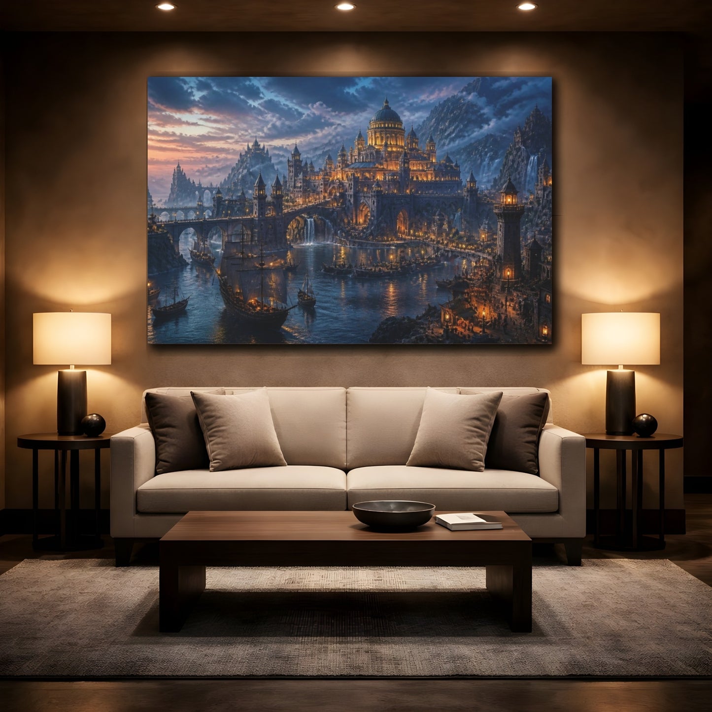 Mockup 2. Harbor Landscape At Dusk shown as canvas print