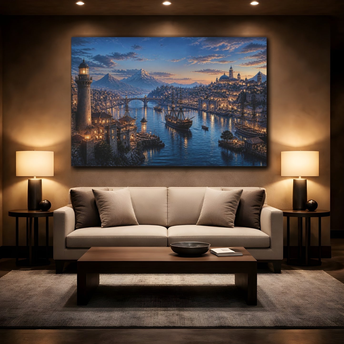 Mockup 2. Harbor Landscape At Dusk shown as canvas print