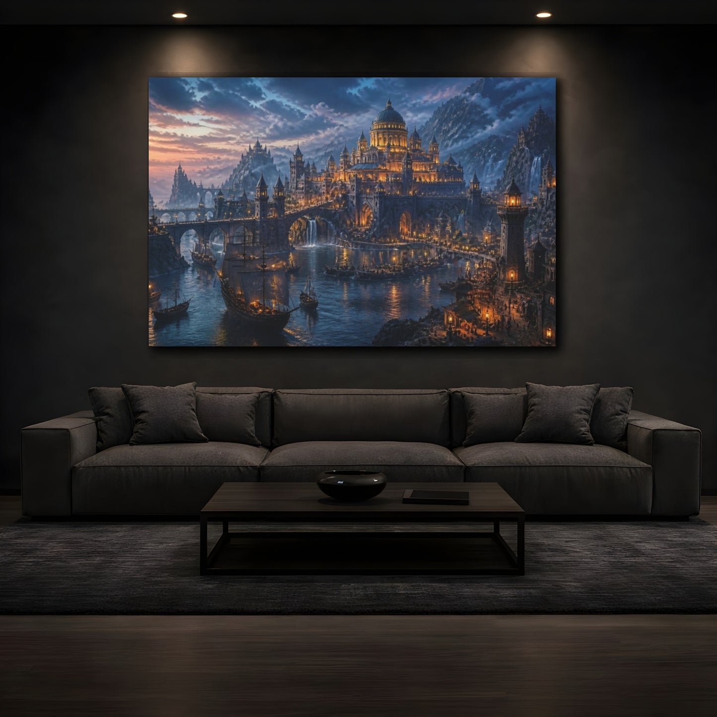 Mockup 3. Harbor Landscape At Dusk shown as canvas print