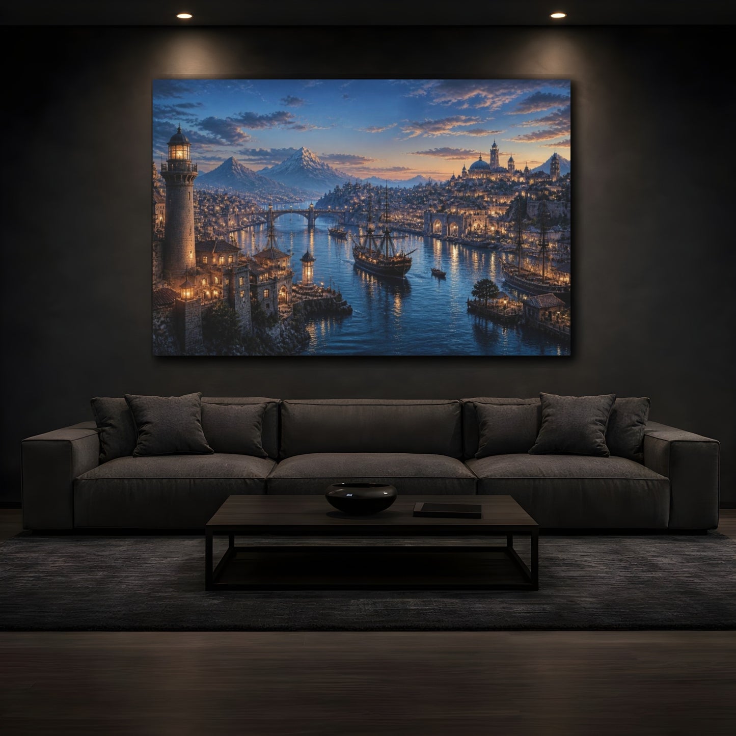 Mockup 3. Harbor Landscape At Dusk shown as canvas print