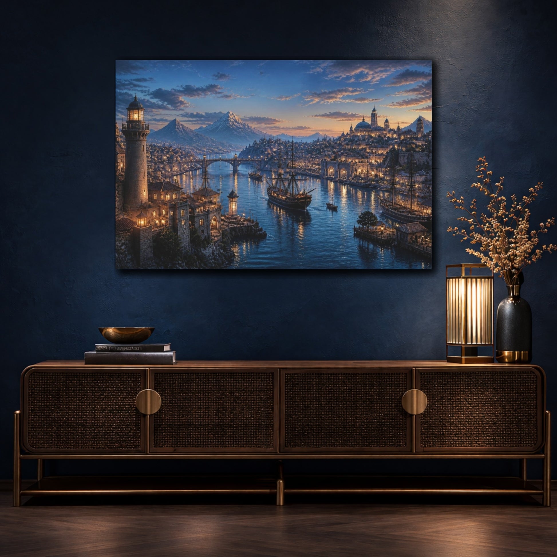 Mockup 4. Harbor Landscape At Dusk shown as canvas print
