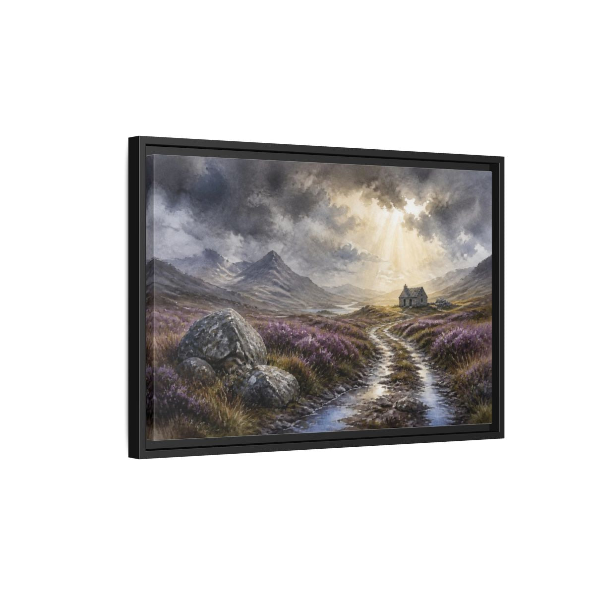 Side Mockup 3. Heather Bothy Landscape shown as framed canvas print