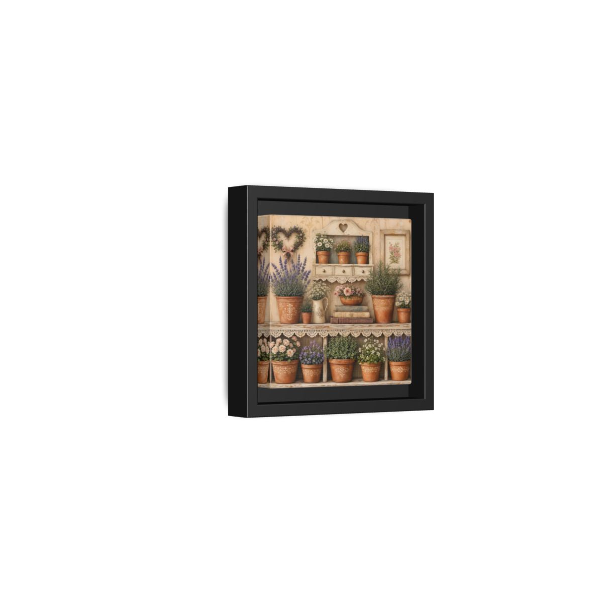 Side Mockup 24. Heavy Structured Texture Cottage Shelf With Small Terracotta Pots shown as stretched canvas wall art