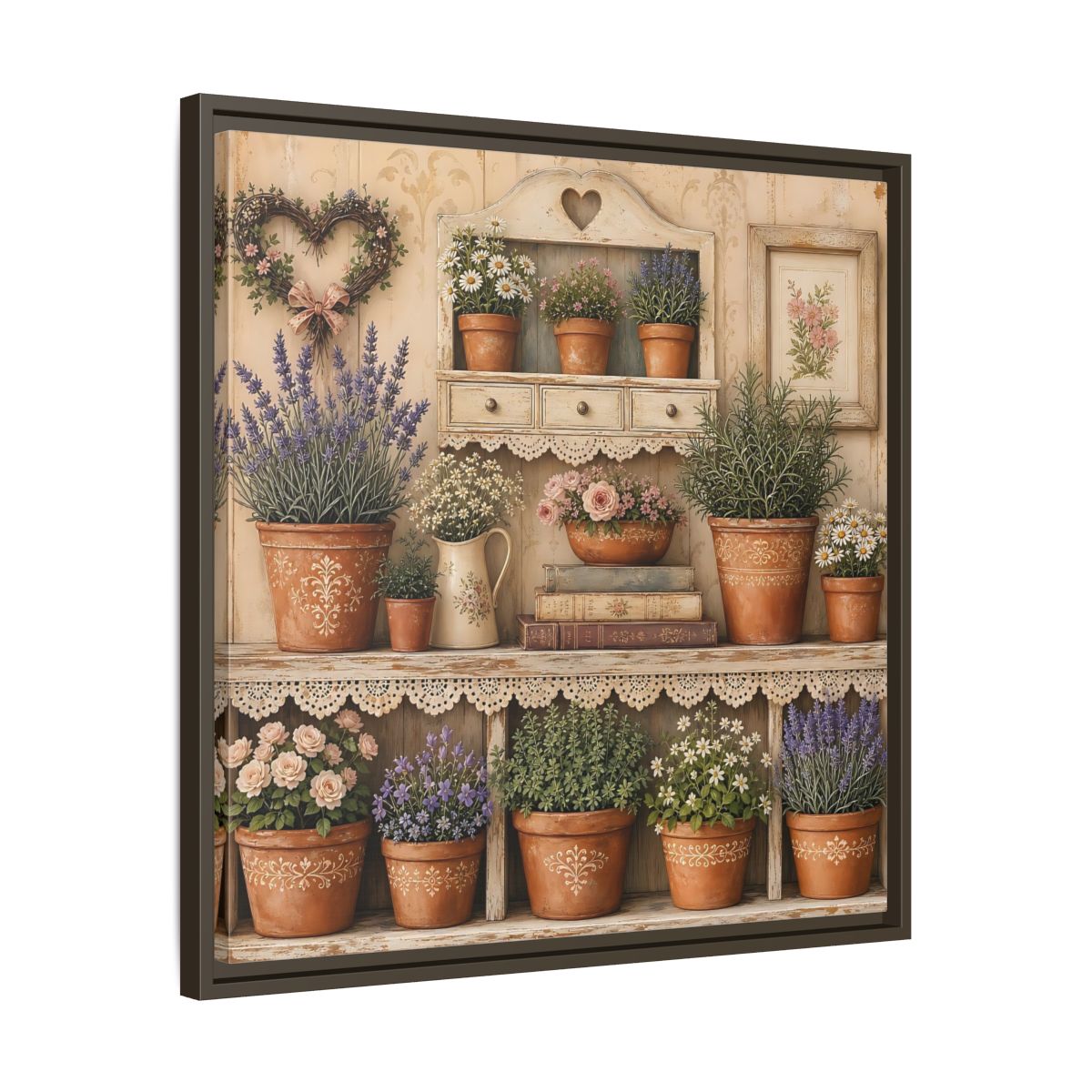 Side Mockup 27. Heavy Structured Texture Cottage Shelf With Small Terracotta Pots shown as stretched canvas wall art