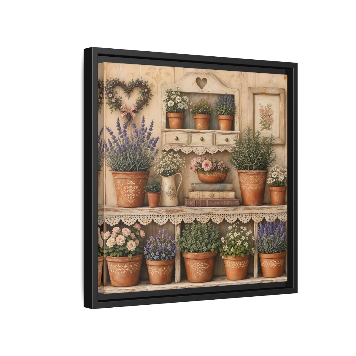 Side Mockup 15. Heavy Structured Texture Cottage Shelf With Small Terracotta Pots shown as stretched canvas wall art