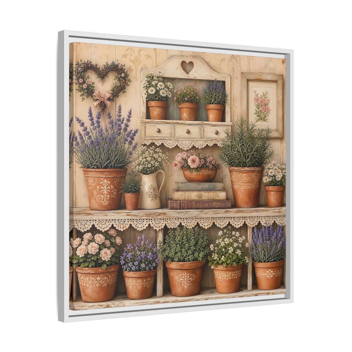 Side Mockup 26. Heavy Structured Texture Cottage Shelf With Small Terracotta Pots shown as stretched canvas wall art