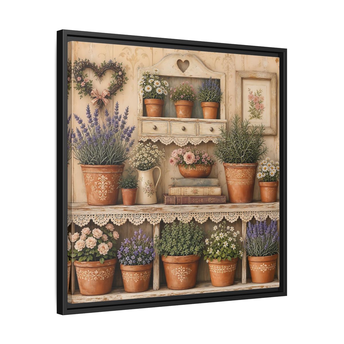 Side Mockup 31. Heavy Structured Texture Cottage Shelf With Small Terracotta Pots shown as stretched canvas wall art