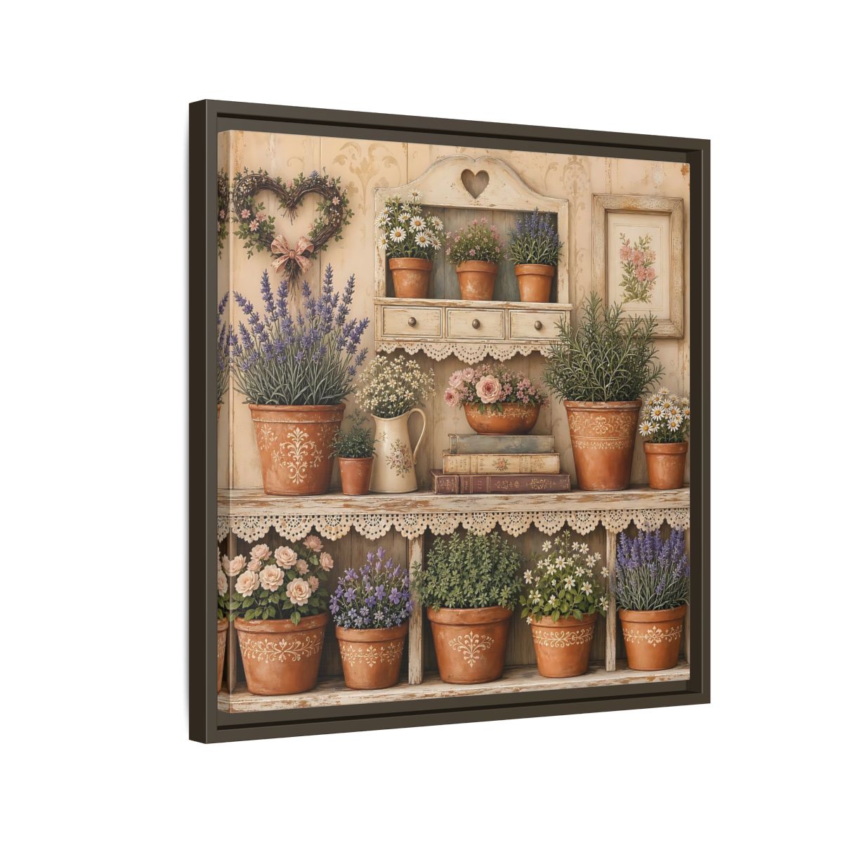 Side Mockup 11. Heavy Structured Texture Cottage Shelf With Small Terracotta Pots shown as stretched canvas wall art