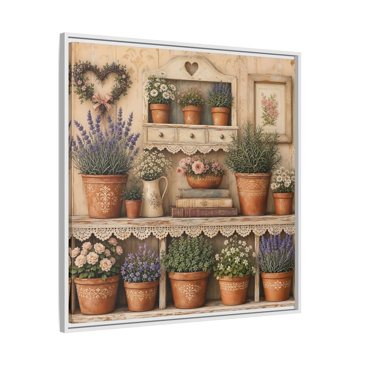 Side Mockup 25. Heavy Structured Texture Cottage Shelf With Small Terracotta Pots shown as stretched canvas wall art