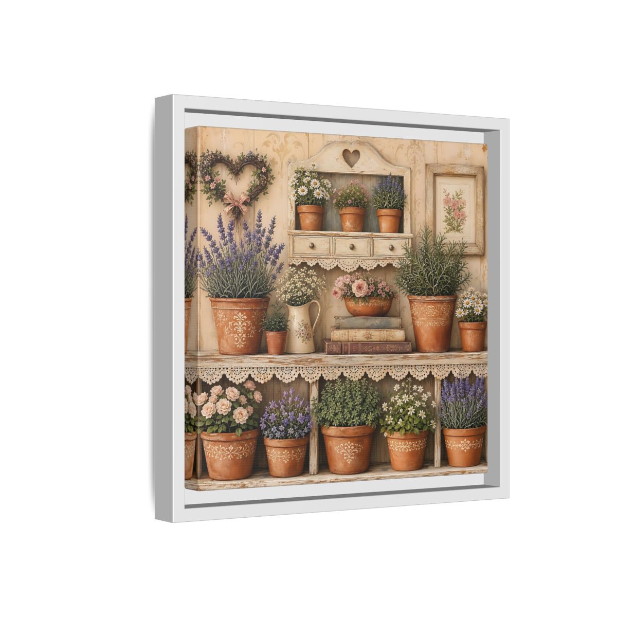Side Mockup 16. Heavy Structured Texture Cottage Shelf With Small Terracotta Pots shown as stretched canvas wall art