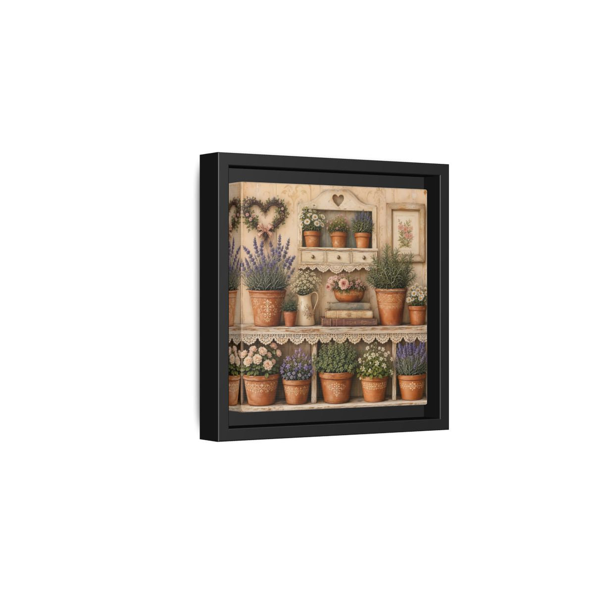 Side Mockup 3. Heavy Structured Texture Cottage Shelf With Small Terracotta Pots shown as stretched canvas wall art
