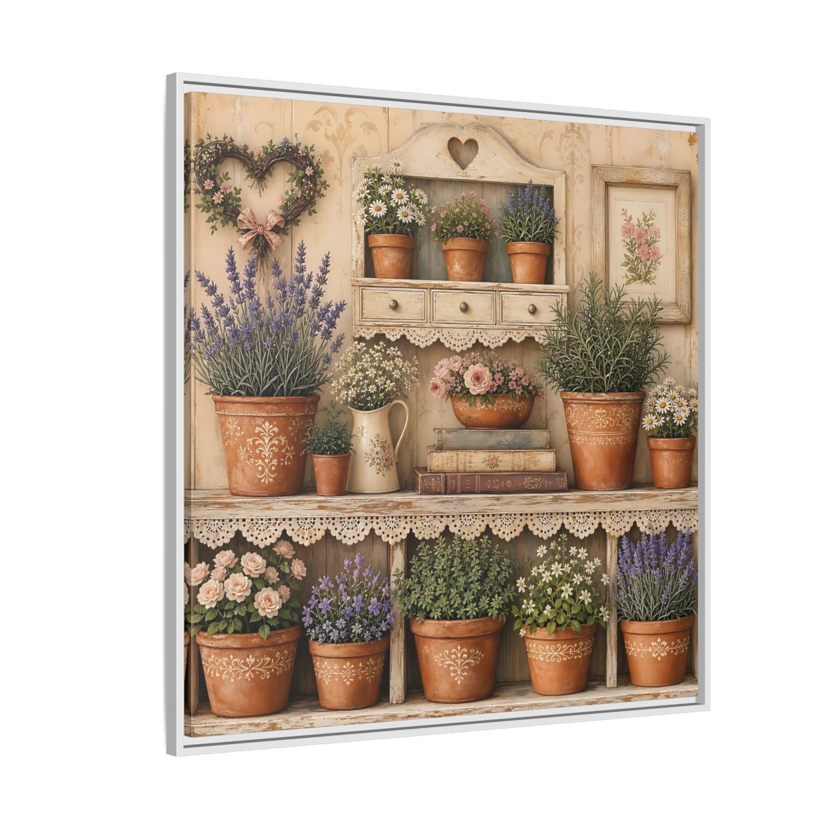 Side Mockup 4. Heavy Structured Texture Cottage Shelf With Small Terracotta Pots shown as stretched canvas wall art