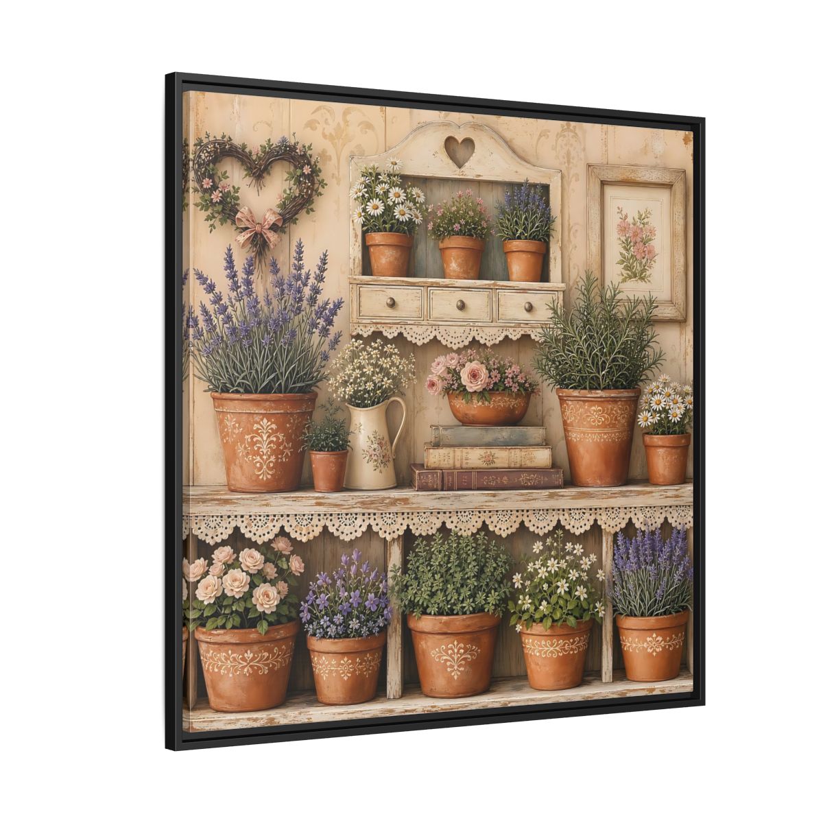 Side Mockup 6. Heavy Structured Texture Cottage Shelf With Small Terracotta Pots shown as stretched canvas wall art