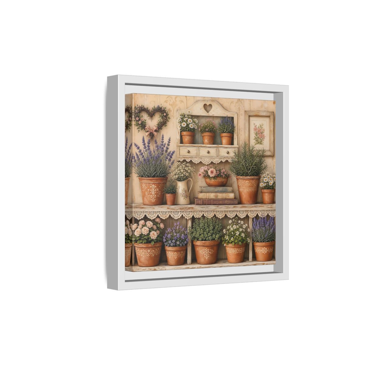 Side Mockup 19. Heavy Structured Texture Cottage Shelf With Small Terracotta Pots shown as stretched canvas wall art