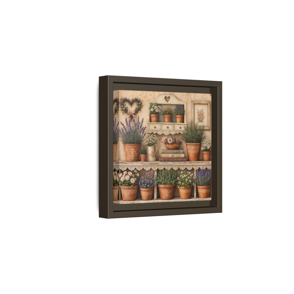 Side Mockup 2. Heavy Structured Texture Cottage Shelf With Small Terracotta Pots shown as stretched canvas wall art
