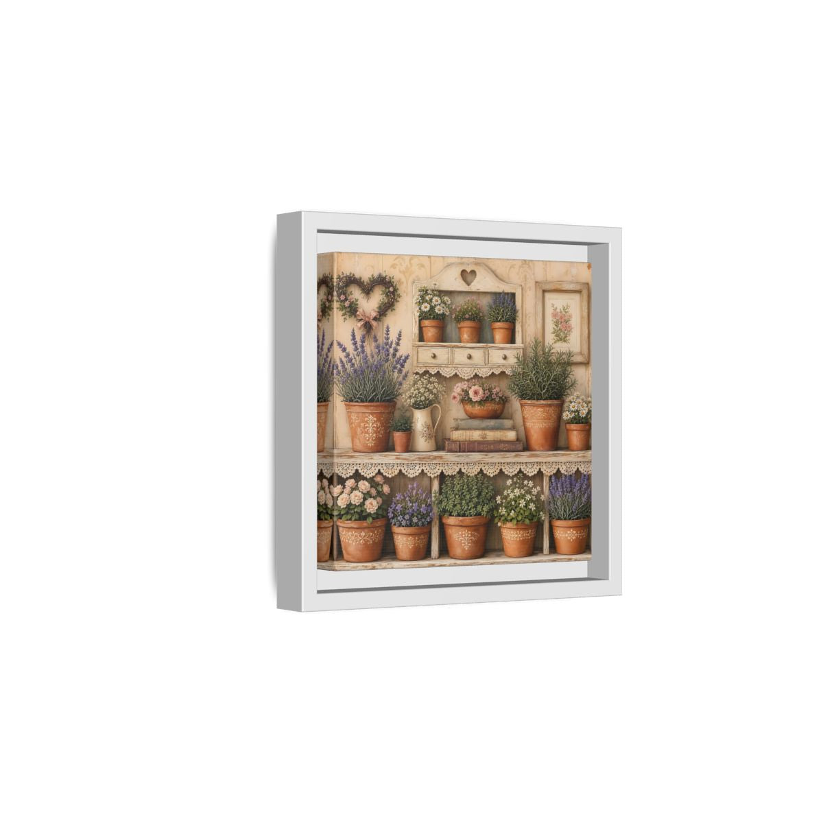 Side Mockup 1. Heavy Structured Texture Cottage Shelf With Small Terracotta Pots shown as stretched canvas wall art