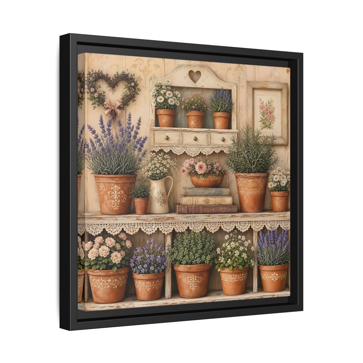 Side Mockup 32. Heavy Structured Texture Cottage Shelf With Small Terracotta Pots shown as stretched canvas wall art