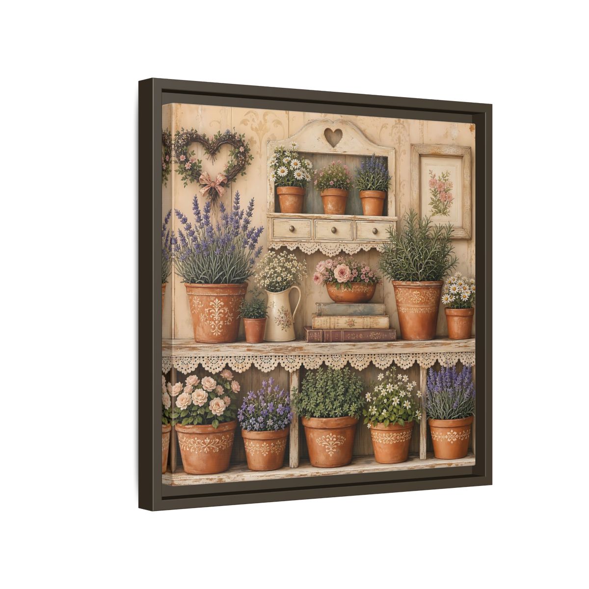 Side Mockup 14. Heavy Structured Texture Cottage Shelf With Small Terracotta Pots shown as stretched canvas wall art