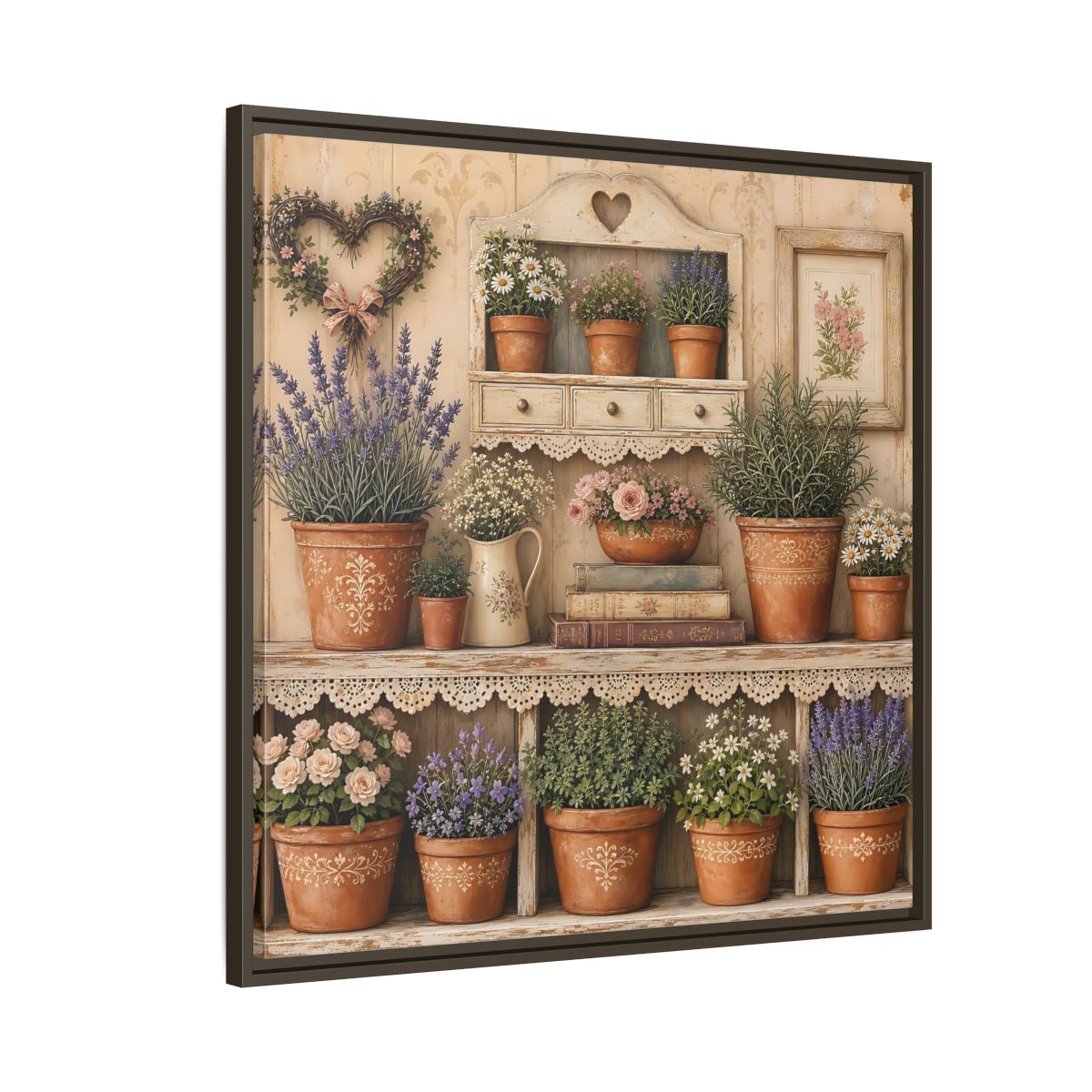 Side Mockup 8. Heavy Structured Texture Cottage Shelf With Small Terracotta Pots shown as stretched canvas wall art
