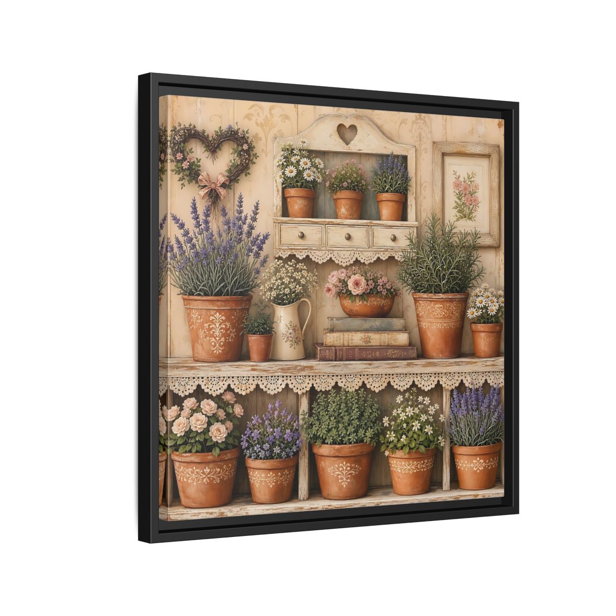 Side Mockup 12. Heavy Structured Texture Cottage Shelf With Small Terracotta Pots shown as stretched canvas wall art