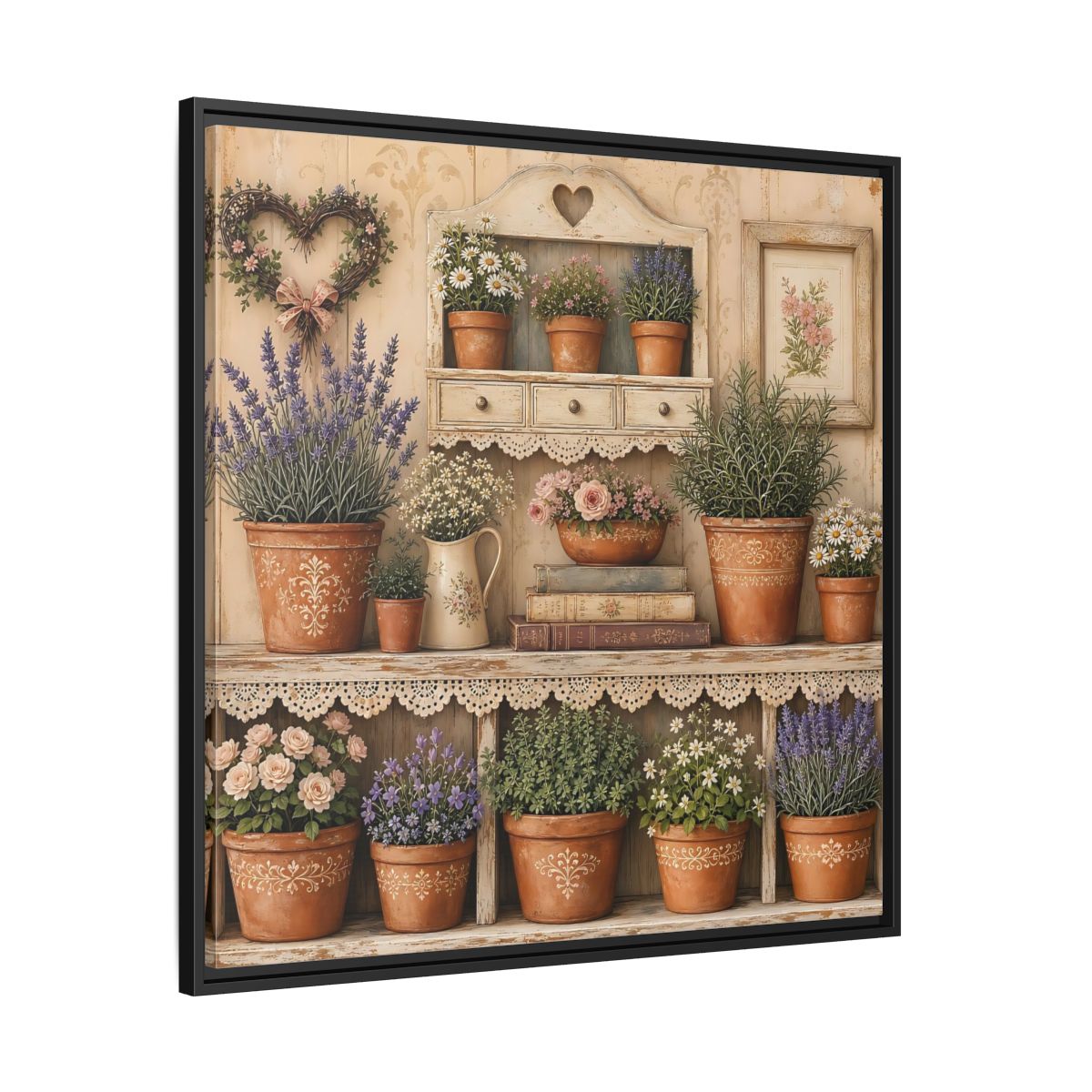 Side Mockup 30. Heavy Structured Texture Cottage Shelf With Small Terracotta Pots shown as stretched canvas wall art