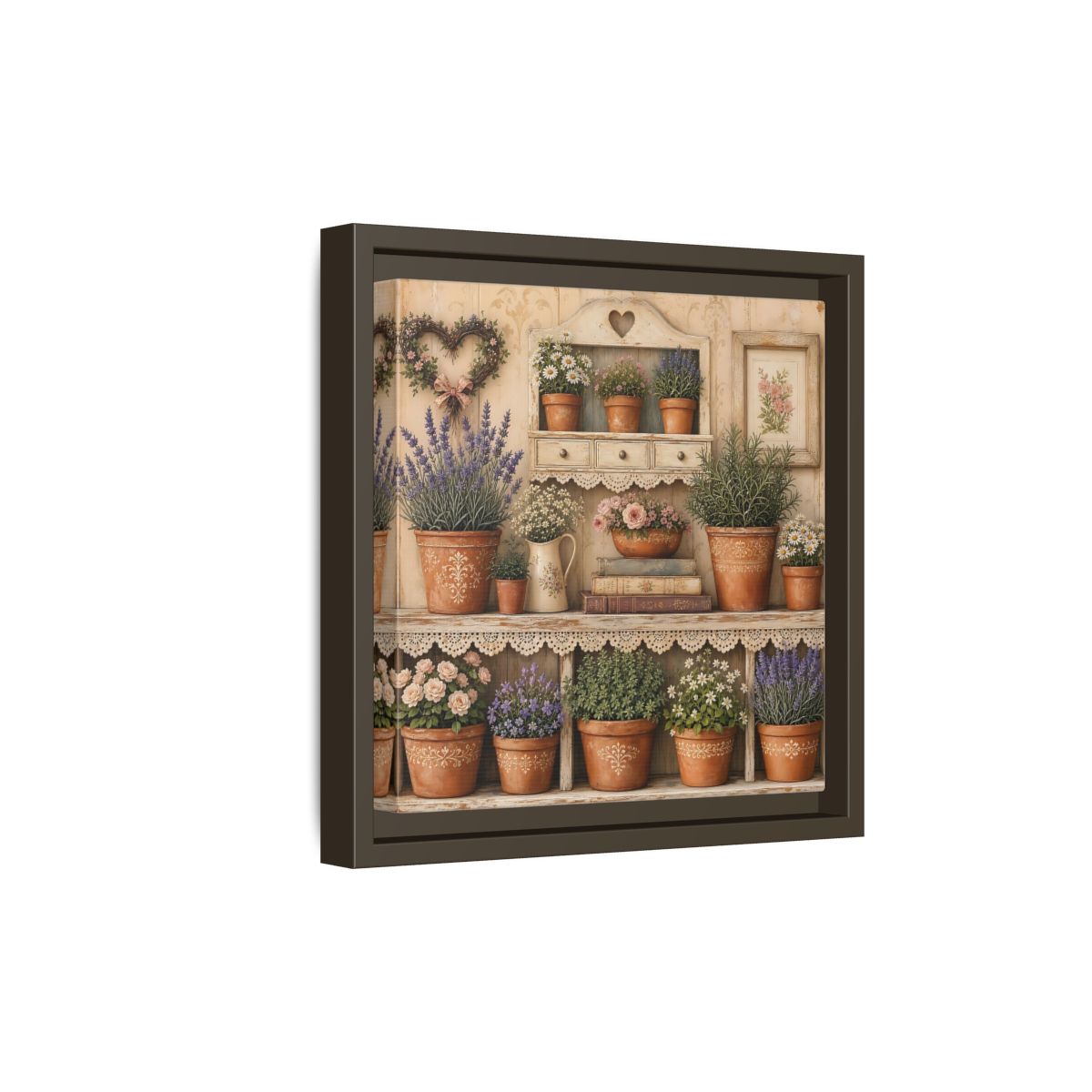 Side Mockup 20. Heavy Structured Texture Cottage Shelf With Small Terracotta Pots shown as stretched canvas wall art